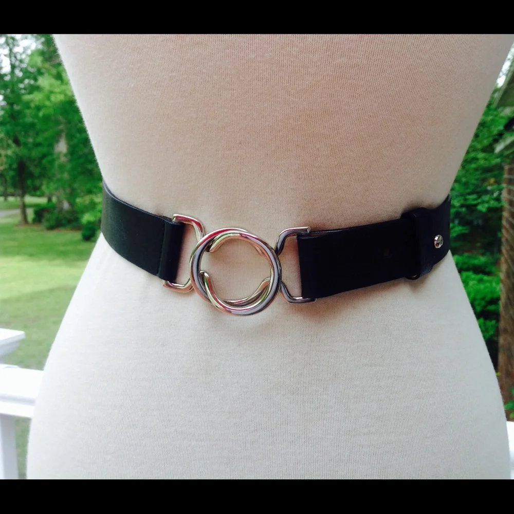 Talbots Black Leather Belt Silver Buckle Lock